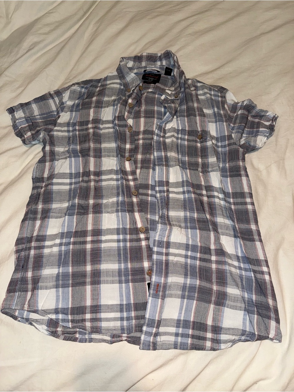 Weatherproof Short-Sleeve Plaid Button-Down Shirt - Gray/White/Blue